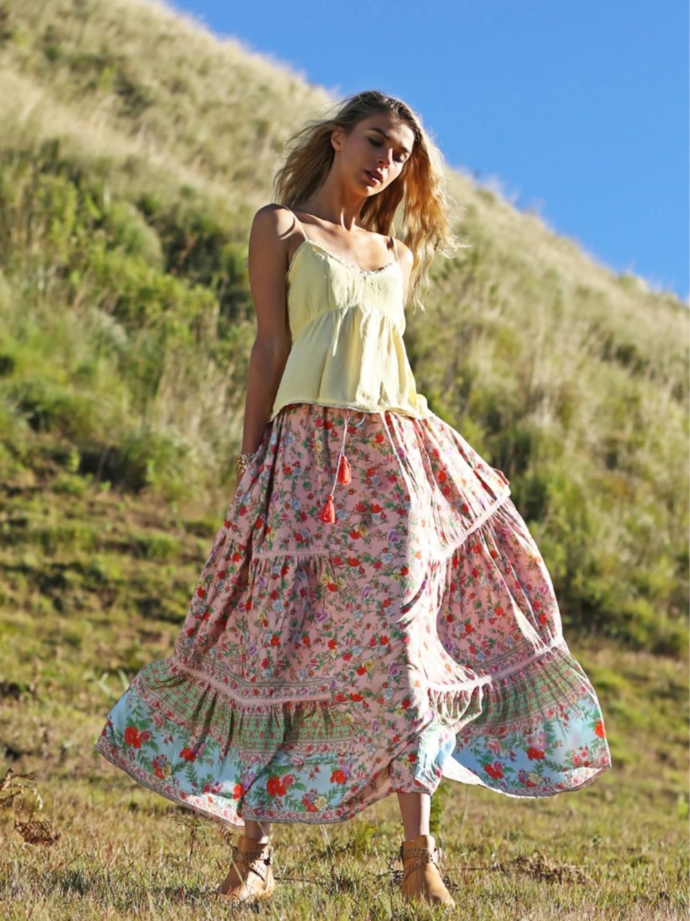 Tulle & Batiste Ravennah Boho Maxi Skirt Lotus Rayon Cotton Pink Size M